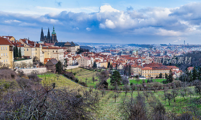 Panorama shot of Hilltop suburb of Hradcany and Mala Strana during a winter afternoon in Prague, Czech Republic